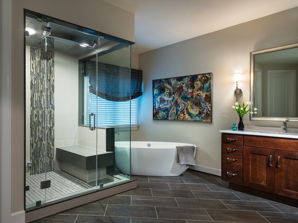 Owner's Bath with Free-standing Tub and Steam Shower in a Gulick | One home © Hoachlander-Davis Photography. All Rights Reserved. Used with Permission.