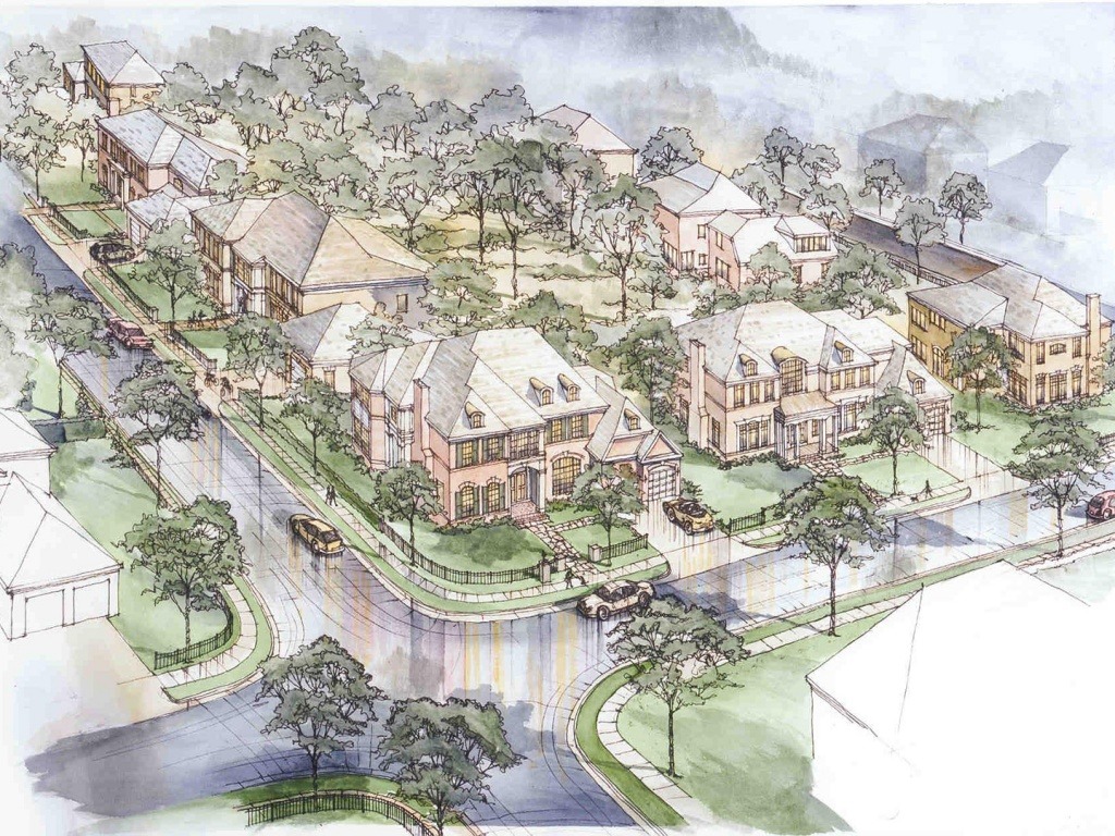 A watercolor rendering of the theming at One Cameron Place