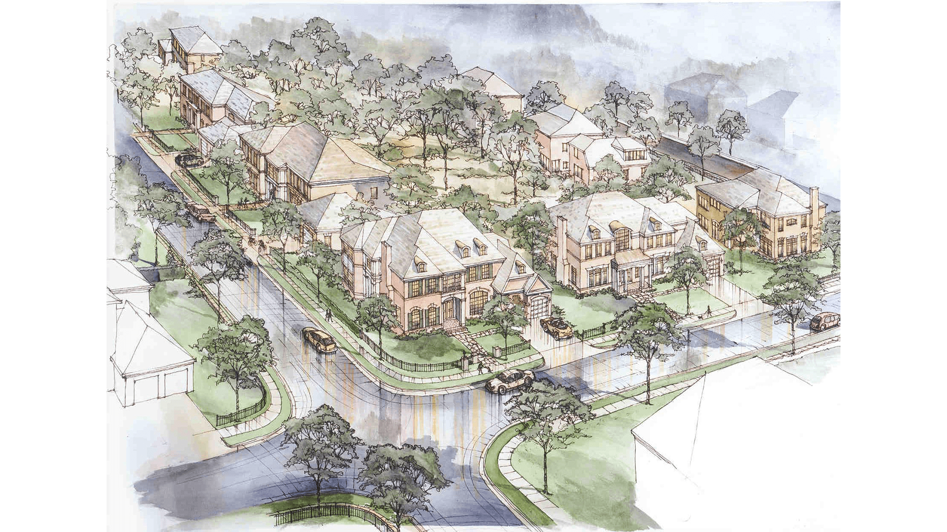 A watercolor rendering of the theming at One Cameron Place