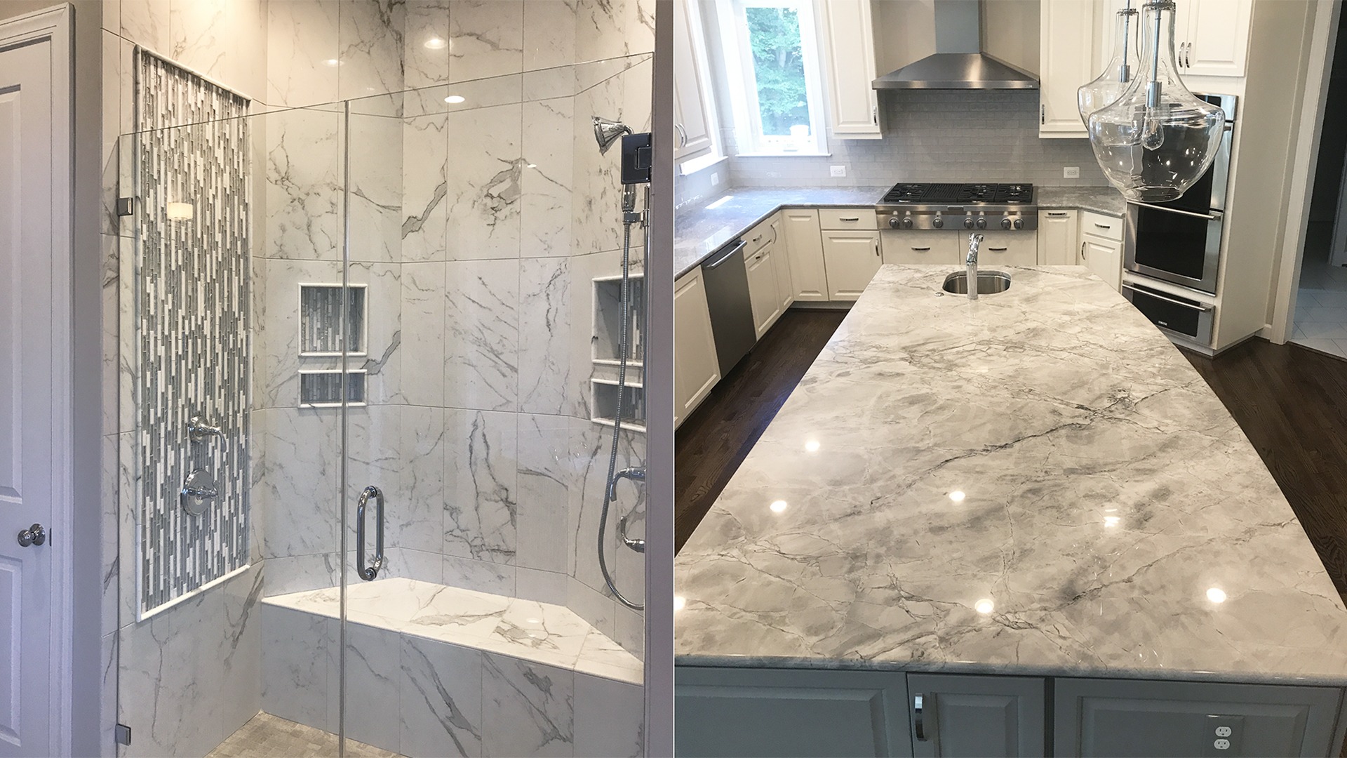 The owner's shower and kitchen island of the Winthrop built on Thompson's Crossing homesite 3. Some options shown.