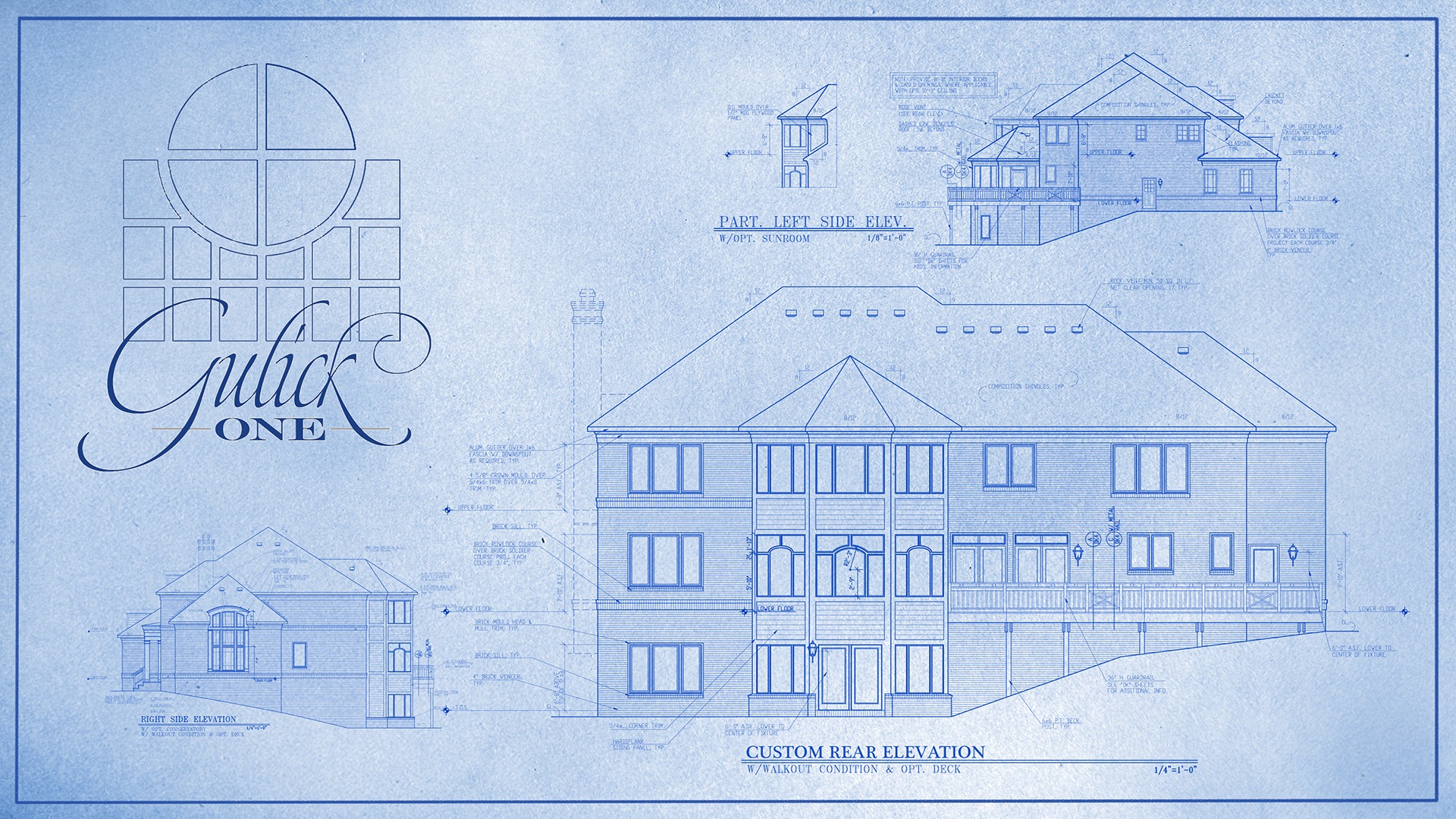 A marketing blueprint of a Gulick | One custom rear elevation.