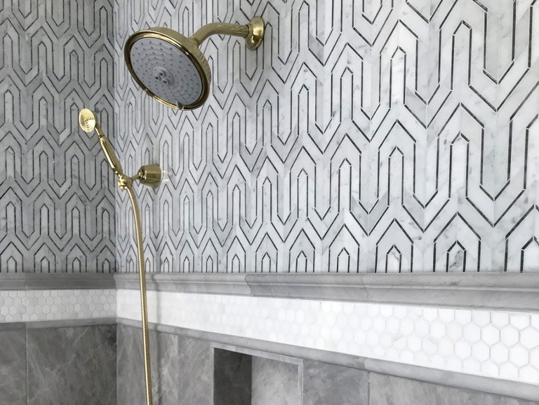 A shower having patterned tile, summary size.