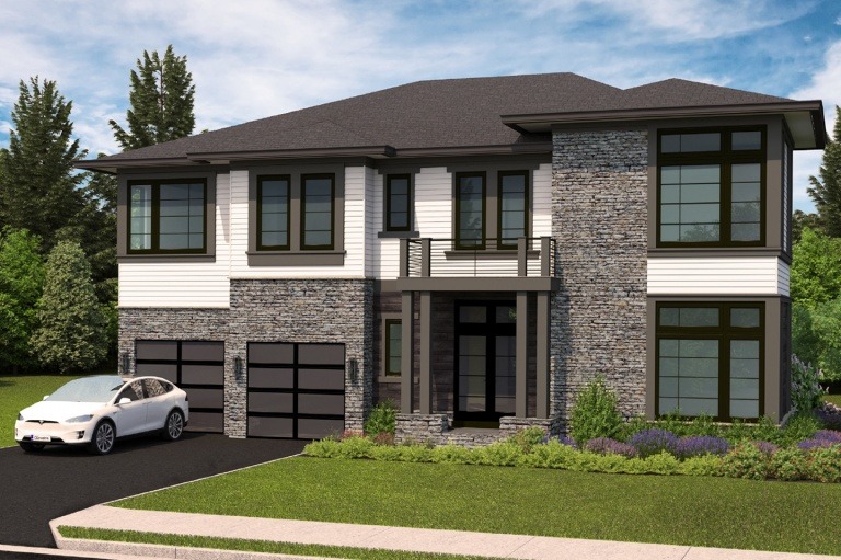 Parkline 60 Exterior Rendering - PRELIMINARY. Tesla automobile not included with home. Some optional features shown. This is an artist's conception, and as such, change to final elevations, floorplans, dimensions, features, materials and specifications may change, and it is subject to field variation. Does not necessarily reflect actual homesite or landscaping.
